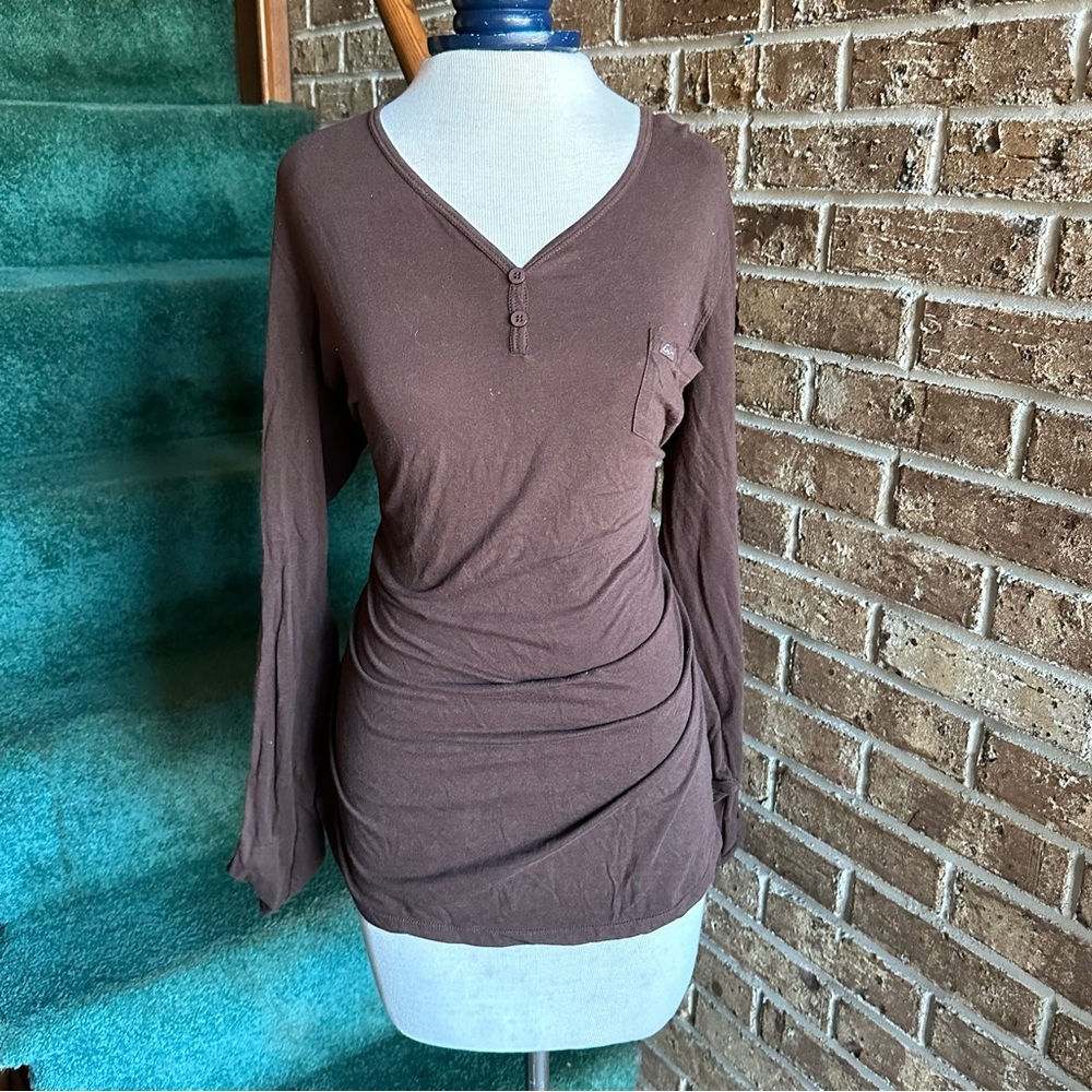Koi Brown Long Sleeve Pocket Shirt